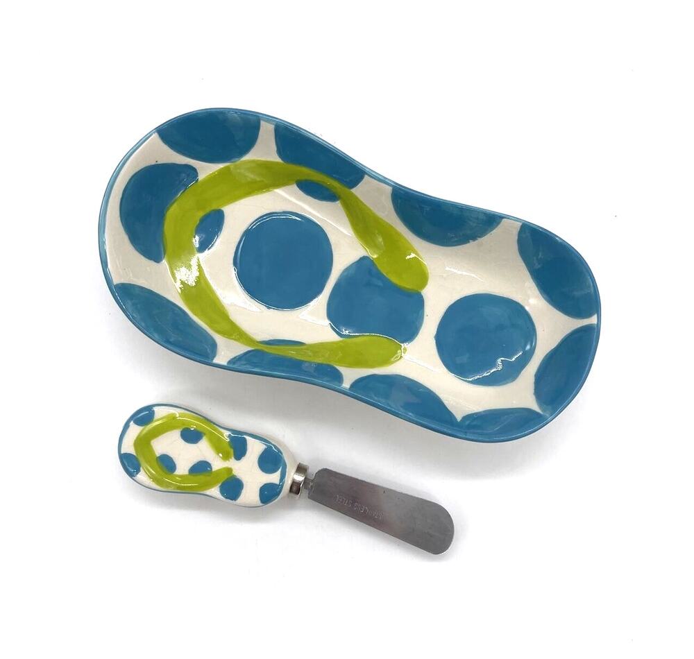 dei Dennis East International Flip Flop Butter Dish w/ Knife Coastal Beach 7"